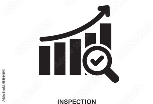 Flat design graphic icon representing business growth analysis with a rising bar chart, magnifying glass, and checkmark for inspection and review.