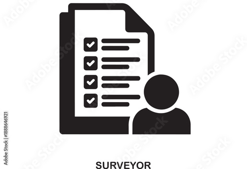 Black outline icon of a document with checkboxes and text lines next to a simple person silhouette, representing survey or questionnaire completion.