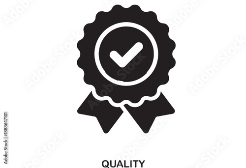Solid black outline icon of a quality assurance award ribbon with a checkmark inside a circle on a white background