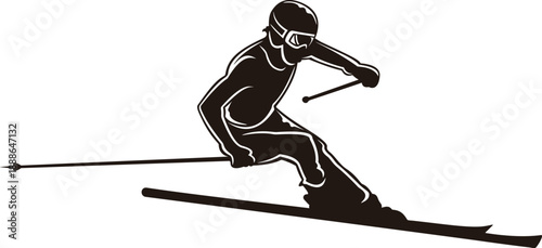 Skier Silhouette Illustration - Downhill Skiing Athlete Action on White Background.