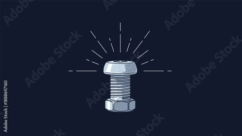 Minimalist industrial illustration of a metal bolt with radiating light lines on a dark blue background for technical concepts.