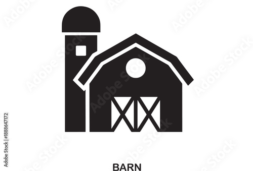 Simple black icon of a farm barn with silo and double X door detail, representing agriculture and rural life