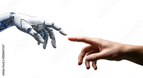 Human and robot hand nearly touching, symbolizing the future of technology and ai connection isolated on transparent background