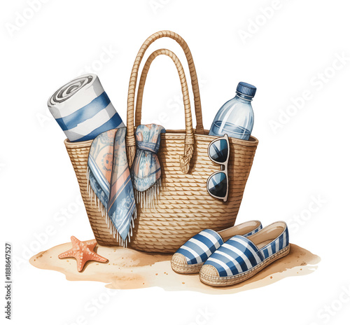 Summer beach bag with towel bottle sunglasses and shoes in gentle watercolor artwork.
