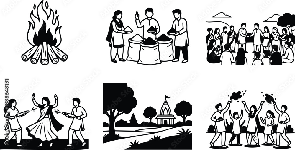 Fototapeta premium Flat design six panel set showing holika dahan bonfire communal food offering temple and holi powder celebration with dancing friends and family festive mood bright playful