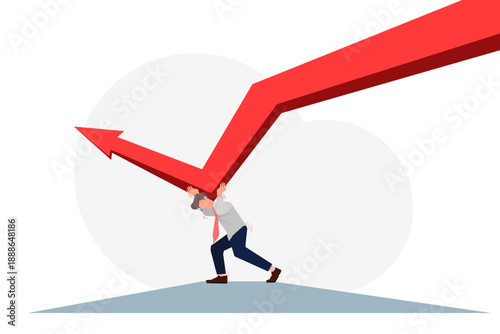 Businessman pushing up a heavy zigzag arrow graph symbolizing economic downturn, market volatility and slow recovery. Concept of business pressure, financial stress, crisis management and resilience.