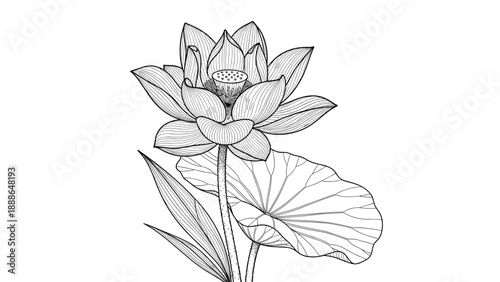 Detailed black and white ink drawing of a lotus flower in full bloom with a large lily pad and seed pod.