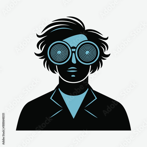 Hypnotized Scientist Wearing Spiral Glasses Stylized Portrait Illustration on White Background