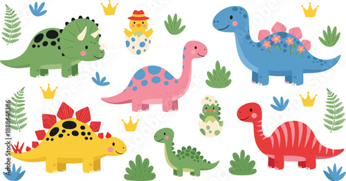 Collection of cute baby dinosaur characters featuring colorful Triceratops Stegosaurus Brachiosaurus and hatchlings with crowns and foliage for children's nursery design elements.