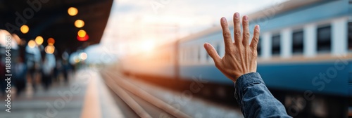 Hand Waving Goodbye at Train Station During Sunset, Capturing a Moment of Farewell and Travel