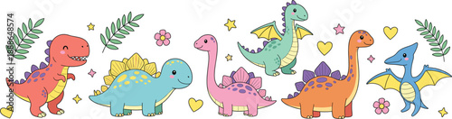 Collection of cute baby dinosaur characters featuring colorful T-Rex Stegosaurus Brachiosaurus and Pterodactyl illustrations with stars and flowers for children's nursery design.
