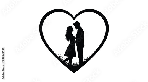 Couple embracing within a heart shaped frame romantic scene silhouette