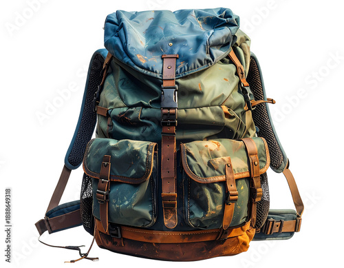 A worn, vintage-style backpack with leather accents and multiple pockets