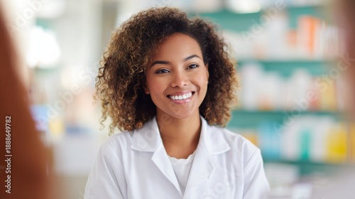 Smiling pharmacist helps customers at local pharmacy during daylight hours