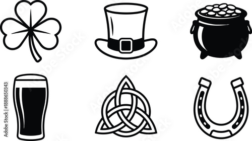 Flat line art icons set with shamrock leprechaun hat pot of gold pint of stout trinity knot horseshoe arranged in grid simple black and white minimal