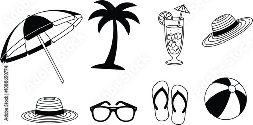 Minimalist line art beach icons set umbrella palm tree cocktail hat sunglasses flip flops beach ball isolated vector elements for summer travel leisure branding flat monochrome