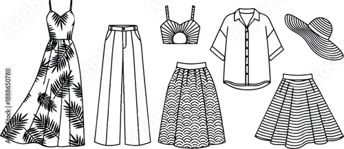 Minimalist line art fashion set showing tropical maxi dress wide leg pants crop top button shirt sun hat and patterned skirts front view simple black outline