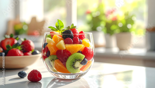 Vibrant Fresh Fruit Salad Served in a Clear Glass Bowl on a Kitchen Countertop Bathed in Soft Natural Sunlight Highlighting Berries Kiwi Orange and Mint Leaves