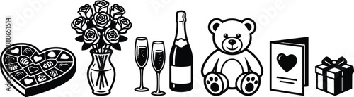 Minimalist icon row of heart chocolate box vase of roses champagne and two flutes teddy bear greeting card and wrapped gift in outline simple playful romantic
