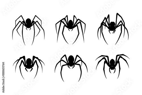 Vector illustration featuring a collection of creepy black spider silhouettes on a white background