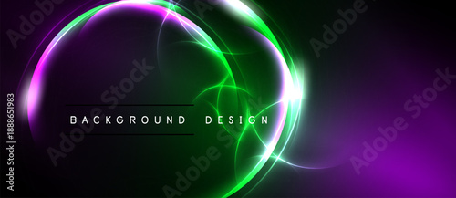 Abstract neon lights form circular shapes. Dark background enhances vibrant purple, green glow. Modern design element.