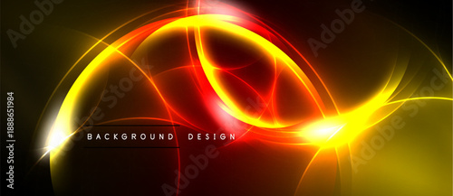 Dynamic abstract design features vibrant glowing curves. Red, yellow, orange hues blend against dark backdrop. Modern energy radiates.