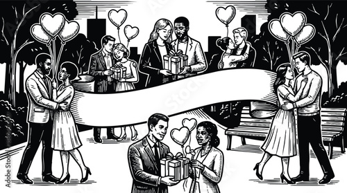 Woodcut style romantic park scene with multiple couples exchanging gifts and heart balloons close up couple embracing on bench center couple looking at camera valentines day