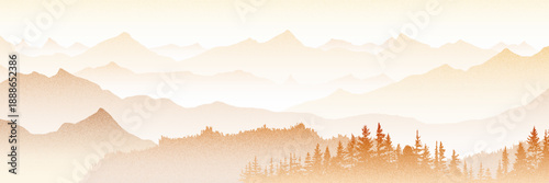 Sunrise in the mountains, noisy texture, ridge gradients and trees, vector illustration, panoramic view