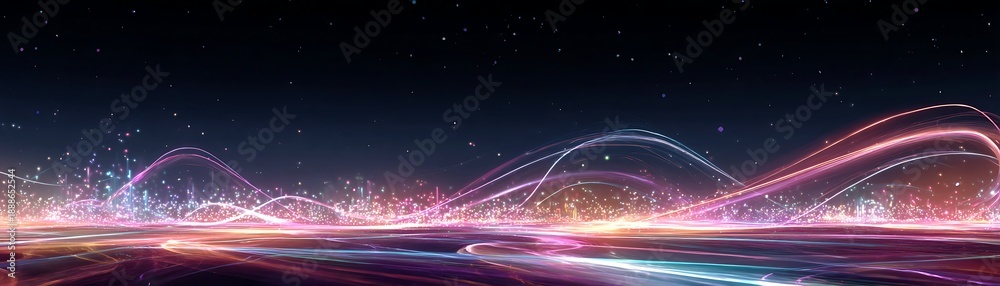 Obraz premium Glowing ethereal light waves undulate across a dark, star-filled horizon