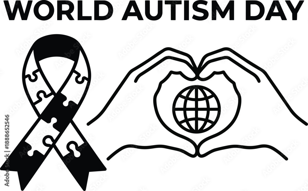 Obraz premium Minimalist line art close up world autism day puzzle ribbon and hands forming heart around globe black and white vector icon set for awareness campaign simple