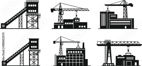 Industrial construction site icons with cranes conveyor systems and factory buildings isolated on white background manufacturing illustration set