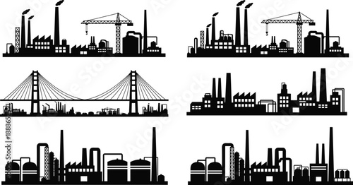 Industrial city skyline silhouettes with factories bridges cranes and refineries isolated on white background manufacturing infrastructure illustration set
