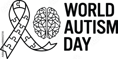 Minimalist line art puzzle ribbon and geometric brain icon with world autism day bold text right aligned looking at viewer awareness clean monochrome flat vector