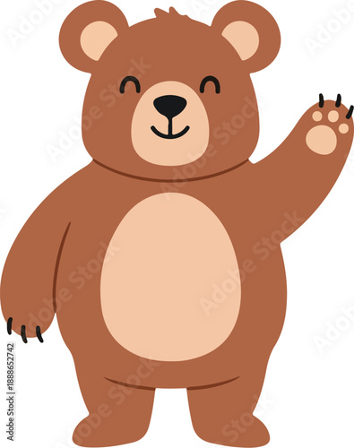 A cute brown bear illustration waving with a friendly smile on a white background. Perfect for children's books, educational materials, and cute animal illustrations.