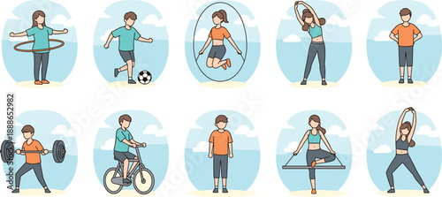 People doing fitness and sports activities vector set showing exercise, yoga, cycling and healthy lifestyle