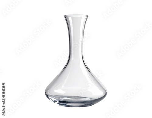 A transparent glass decanter with a bulbous base and slender neck on black