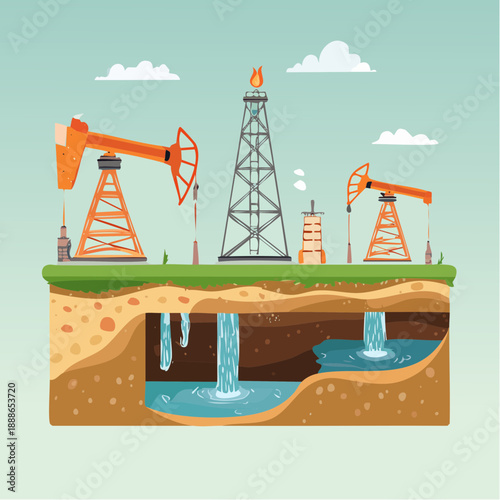 Oil and Gas Industry Illustration Extraction and Drilling Process