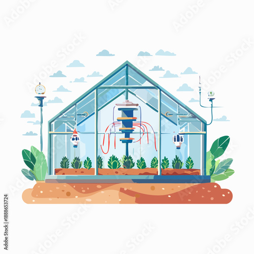 Flat Vector Illustration of Modern Greenhouse and Interior