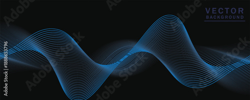 Smooth wavy lines, bright blue, small wave elements, black background, designed with soft yet elegant textured materials.eps 10