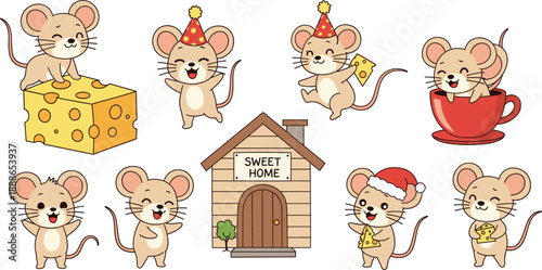 Cute mouse cartoon character vector set with cheese, home, party and festive poses