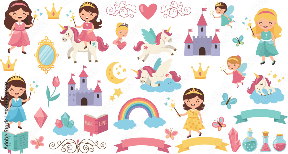 Fototapeta premium Cute princess and unicorn vector set with fairy tale castles, rainbows, magic wands, crowns, butterflies, and adorable fantasy girl characters