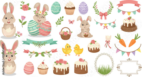 Cute Easter bunny vector set with pastel eggs, cakes, flowers, chicks, ribbons, wreaths, and adorable rabbits for spring holiday designs