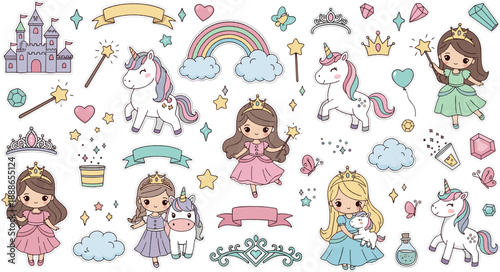 Cute princess and unicorn vector set with fairy tale castles, rainbows, magic wands, crowns, and adorable fantasy girl characters