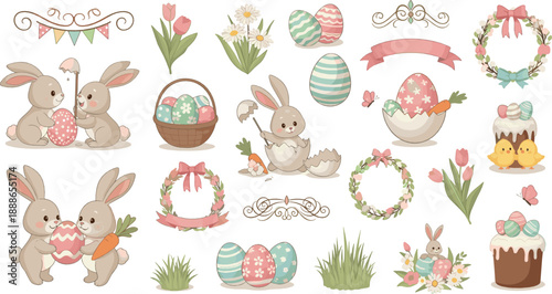 Cute Easter bunny vector set with pastel eggs, spring flowers, wreaths, baskets, and adorable rabbits for holiday decorations