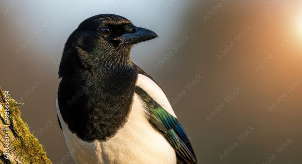 Naklejka premium A magpie perched on a tree branch, with a blurred background transitioning from warm to cool tones.