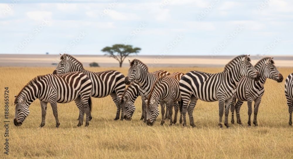 Fototapeta premium A group of zebras grazing in a savanna landscape with a solitary tree in the background.
