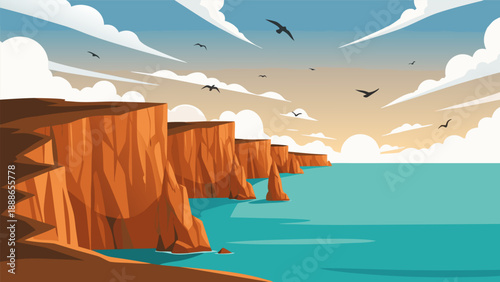 Coastal cliffs vector illustration with birds flying over rugged landscape and serene ocean view