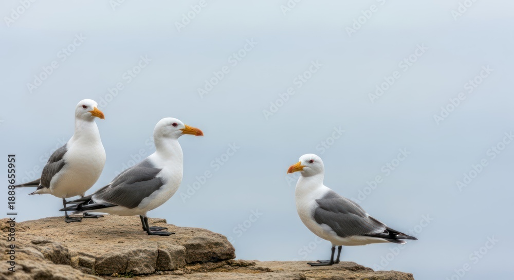Fototapeta premium Three seagulls perched on a rocky ledge against a cloudy sky.