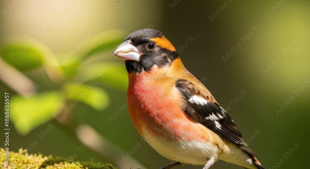 Fototapeta premium A vibrant goldfinch perched on a branch with a blurred green background, showcasing its striking plumage and alert posture.