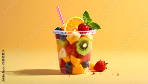 Refreshing Healthy Fruit Salad Cup With Orange Slice Mint And Strawberry On Yellow Background
